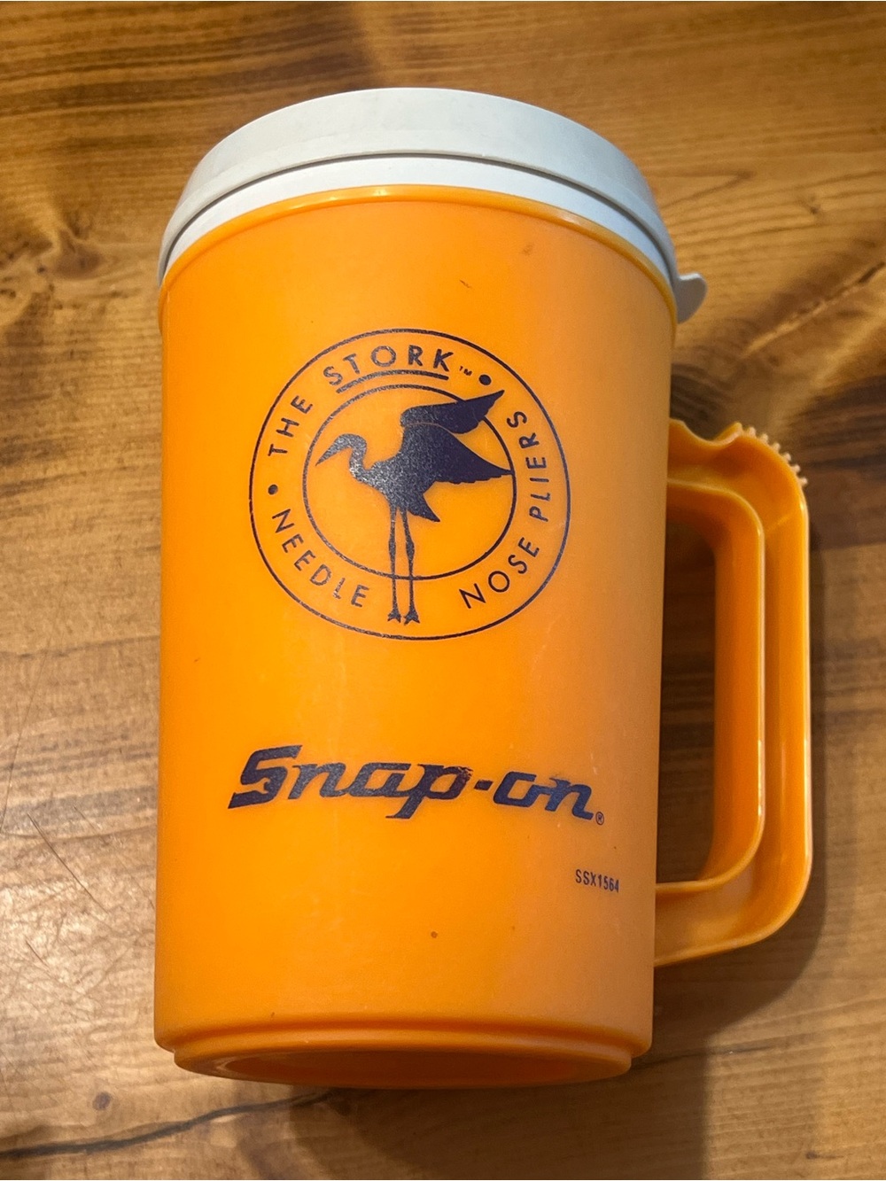 Vintage Snap-On Orange Travel Coffee Mug “The Stork Needle Nose Pliers” USA Tool